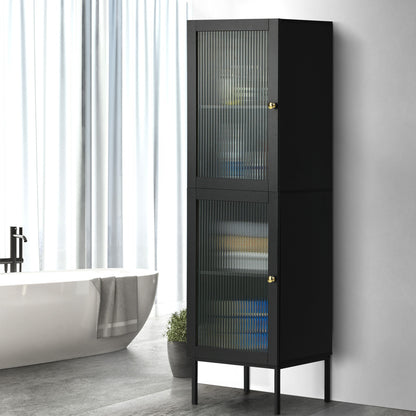 Oikiture Bathroom Cabinet Tempered Glass Door Tall Slim Black-Bathroom Cabinets-PEROZ Accessories