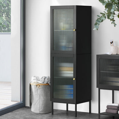 Oikiture Bathroom Cabinet Tempered Glass Door Tall Slim Black-Bathroom Cabinets-PEROZ Accessories