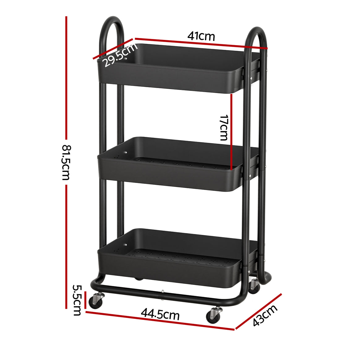 Artiss Storage Trolley Kitchen Cart 3 Tiers Rack Shelf Organiser Wheels Black-Home &amp; Garden &gt; Storage-PEROZ Accessories