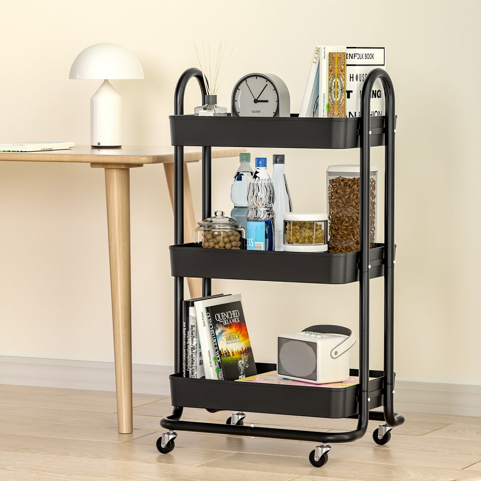 Artiss Storage Trolley Kitchen Cart 3 Tiers Rack Shelf Organiser Wheels Black-Home &amp; Garden &gt; Storage-PEROZ Accessories