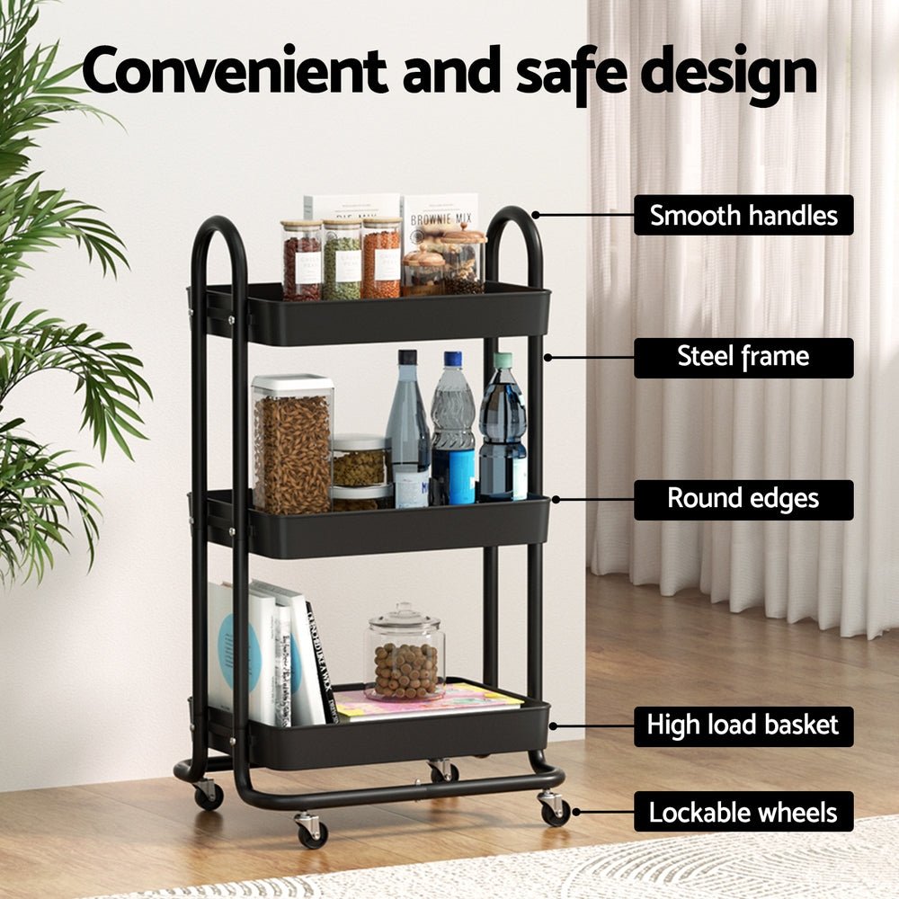 Artiss Storage Trolley Kitchen Cart 3 Tiers Rack Shelf Organiser Wheels Black-Home &amp; Garden &gt; Storage-PEROZ Accessories