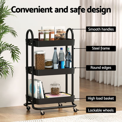 Artiss Storage Trolley Kitchen Cart 3 Tiers Rack Shelf Organiser Wheels Black-Home &amp; Garden &gt; Storage-PEROZ Accessories