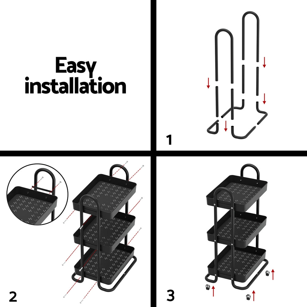 Artiss Storage Trolley Kitchen Cart 3 Tiers Rack Shelf Organiser Wheels Black-Home &amp; Garden &gt; Storage-PEROZ Accessories