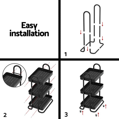 Artiss Storage Trolley Kitchen Cart 3 Tiers Rack Shelf Organiser Wheels Black-Home &amp; Garden &gt; Storage-PEROZ Accessories
