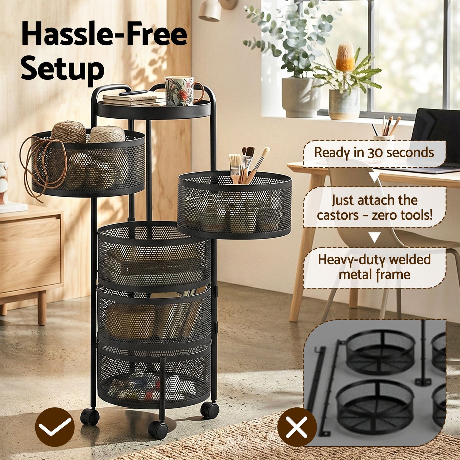 Artiss Storage Trolley Kitchen Cart 5 Tiers Storage Rack Round Basket Black