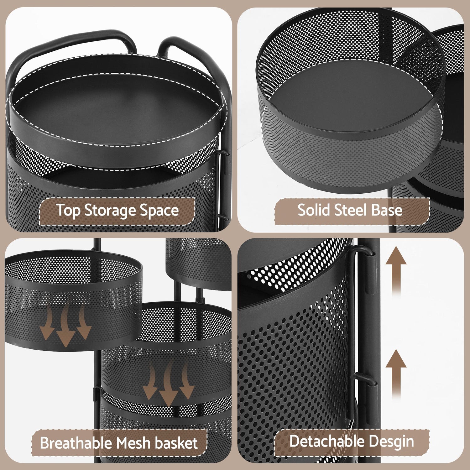 Artiss Storage Trolley Kitchen Cart 5 Tiers Storage Rack Round Basket Black