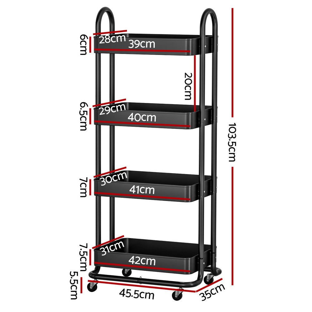 Artiss Storage Trolley Kitchen Cart 4 Tiers Black-Furniture &gt; Dining-PEROZ Accessories