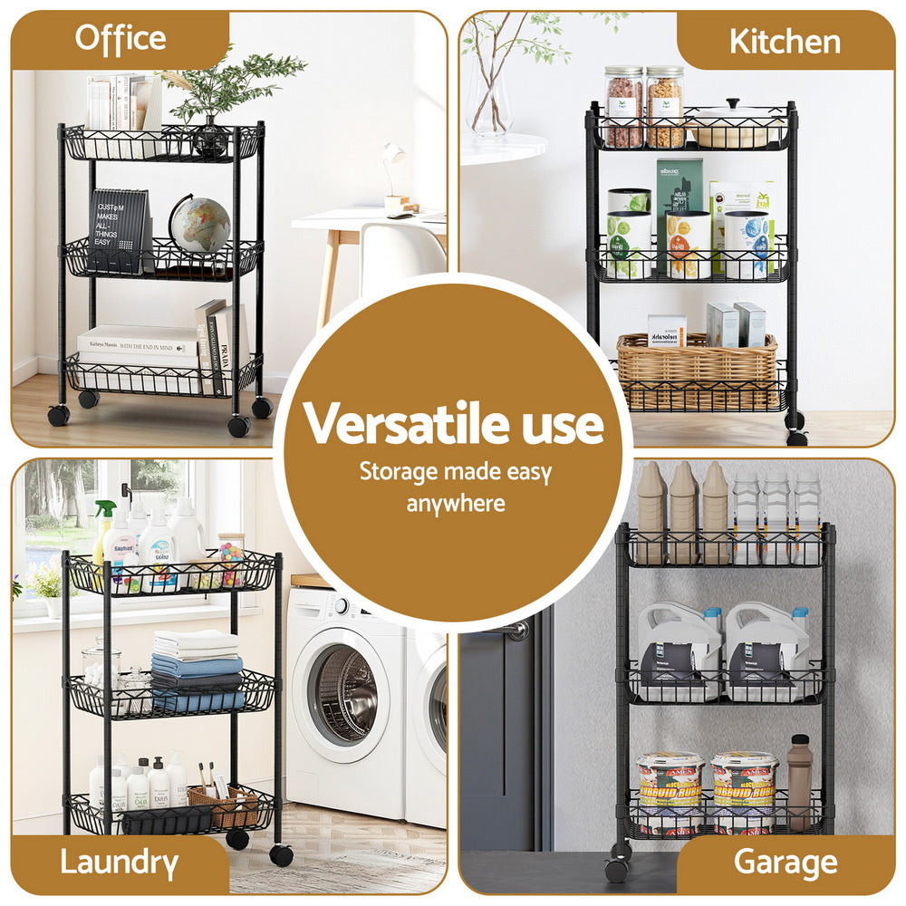 Artiss 3-Tier Shelving Unit Adjustable Garage Storage Kitchen Rack With Wheels-Furniture &gt; Dining &gt; Kitchen &amp; Dining Trolleys-PEROZ Accessories