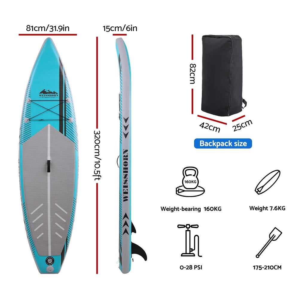 Weisshorn Stand Up Paddle Board 10.5ft Inflatable SUP Surfboard Paddleboard Kayak Surf Green-Outdoor Recreation &gt; Boating &gt; Paddleboards-PEROZ Accessories