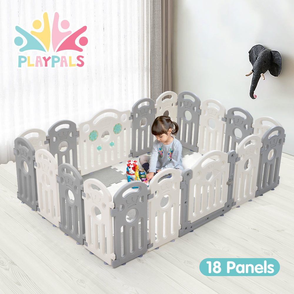 Playpals Kids Playpen Baby Safety Gate Toddler Fence 18 Panels Grey-Kid Playpens-PEROZ Accessories