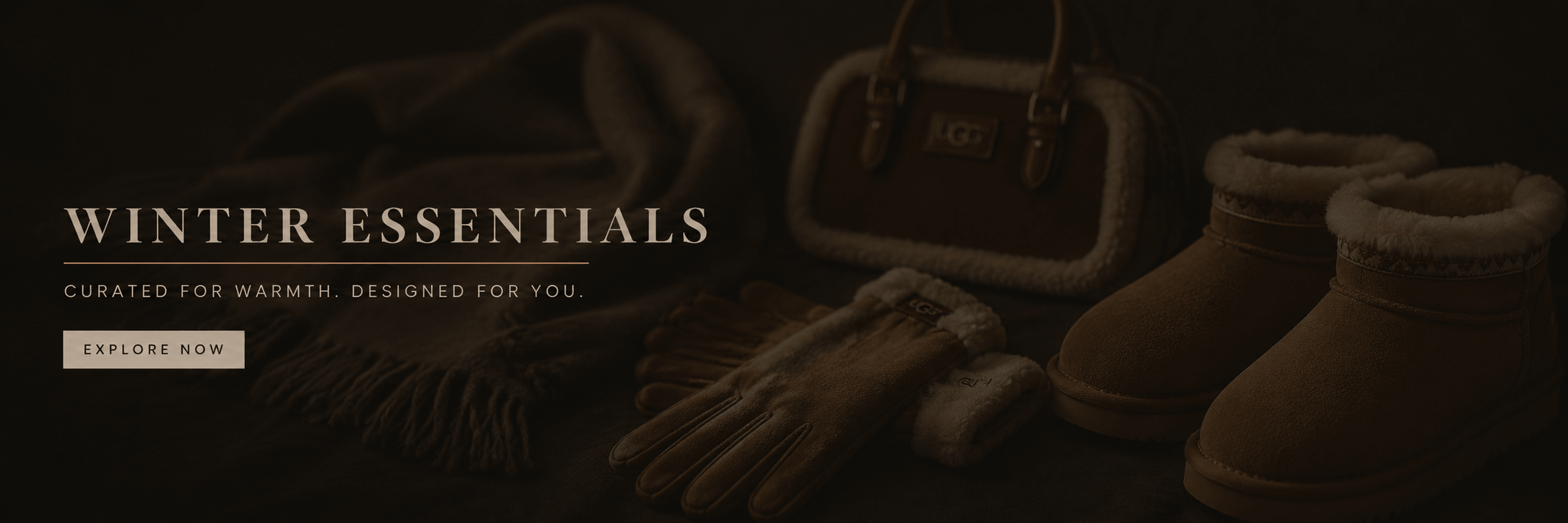Luxury winter essentials collection banner featuring UGG boots, shearling bag, gloves and cozy winter accessories at Peroz Australia.