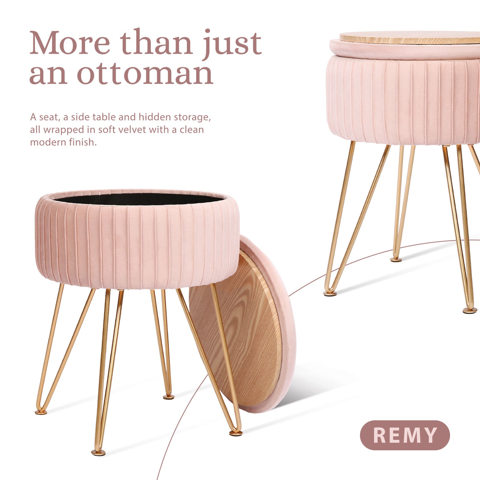 Side Table Storage Ottoman - Velvet Padded Stool Vanity Footstool REMY PINK-Furniture > Living Room > Ottomans &amp; Footstools-PEROZ Accessories