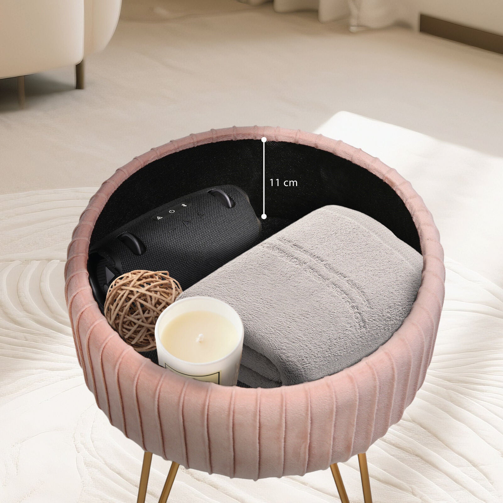Side Table Storage Ottoman - Velvet Padded Stool Vanity Footstool REMY PINK-Furniture > Living Room > Ottomans &amp; Footstools-PEROZ Accessories
