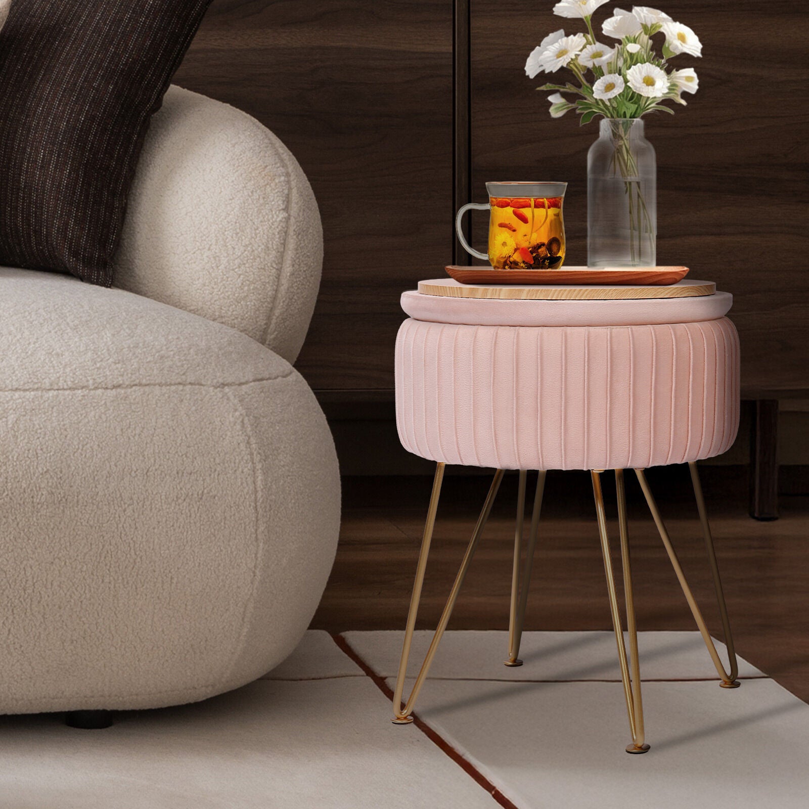 Side Table Storage Ottoman - Velvet Padded Stool Vanity Footstool REMY PINK-Furniture > Living Room > Ottomans &amp; Footstools-PEROZ Accessories