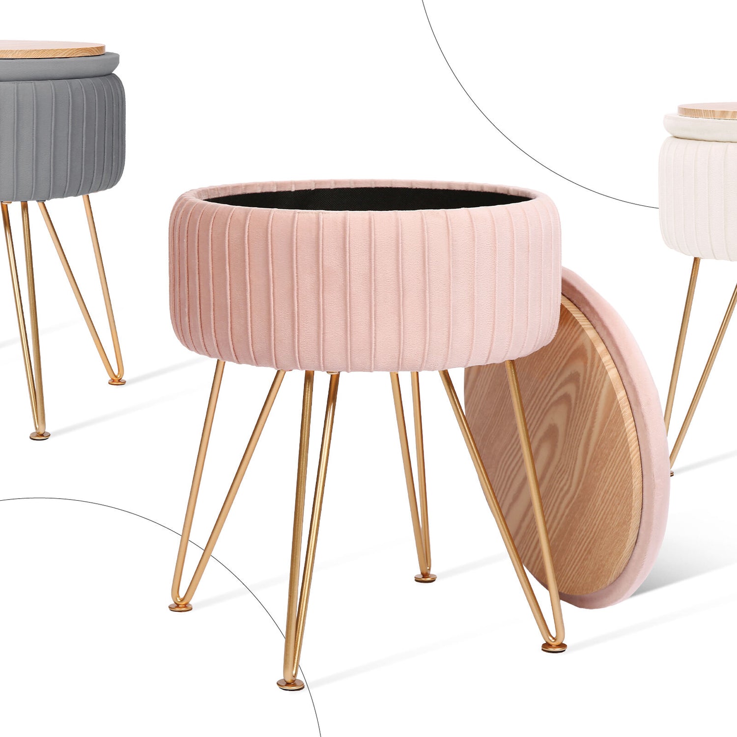 Side Table Storage Ottoman - Velvet Padded Stool Vanity Footstool REMY PINK-Furniture > Living Room > Ottomans &amp; Footstools-PEROZ Accessories
