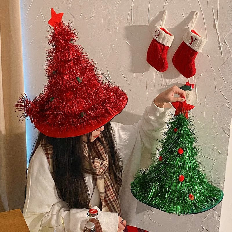 Silver Sparkly Tinsel Christmas Tree Hat - Festive Holiday Party Headwear for Adults &amp; Kids-Occasions > Christmas > Christmas Clothing-PEROZ Accessories