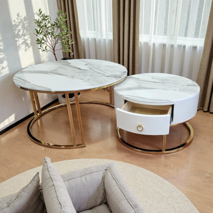 Snowy Mountain Faux Modern Marble Slate Nesting Coffee Table Set Leather Wrapped Wood Drawers-Furniture > Living Room > Coffee Tables-PEROZ Accessories