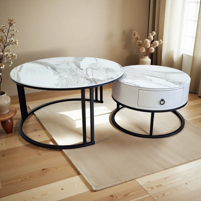 Snowy Mountain Faux Modern Marble Slate Nesting Coffee Table Set Leather Wrapped Wood Drawers-Furniture &gt; Living Room &gt; Coffee Tables-PEROZ Accessories