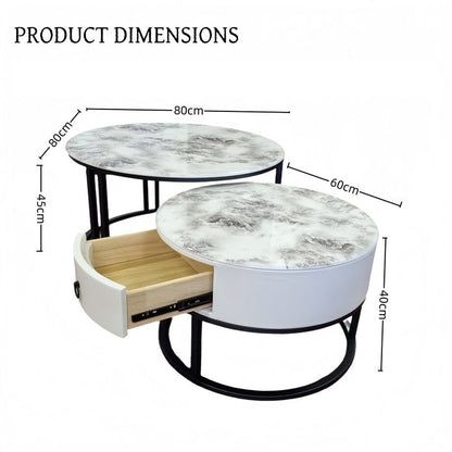 Snowy Mountain Faux Modern Marble Slate Nesting Coffee Table Set Leather Wrapped Wood Drawers-Furniture &gt; Living Room &gt; Coffee Tables-PEROZ Accessories