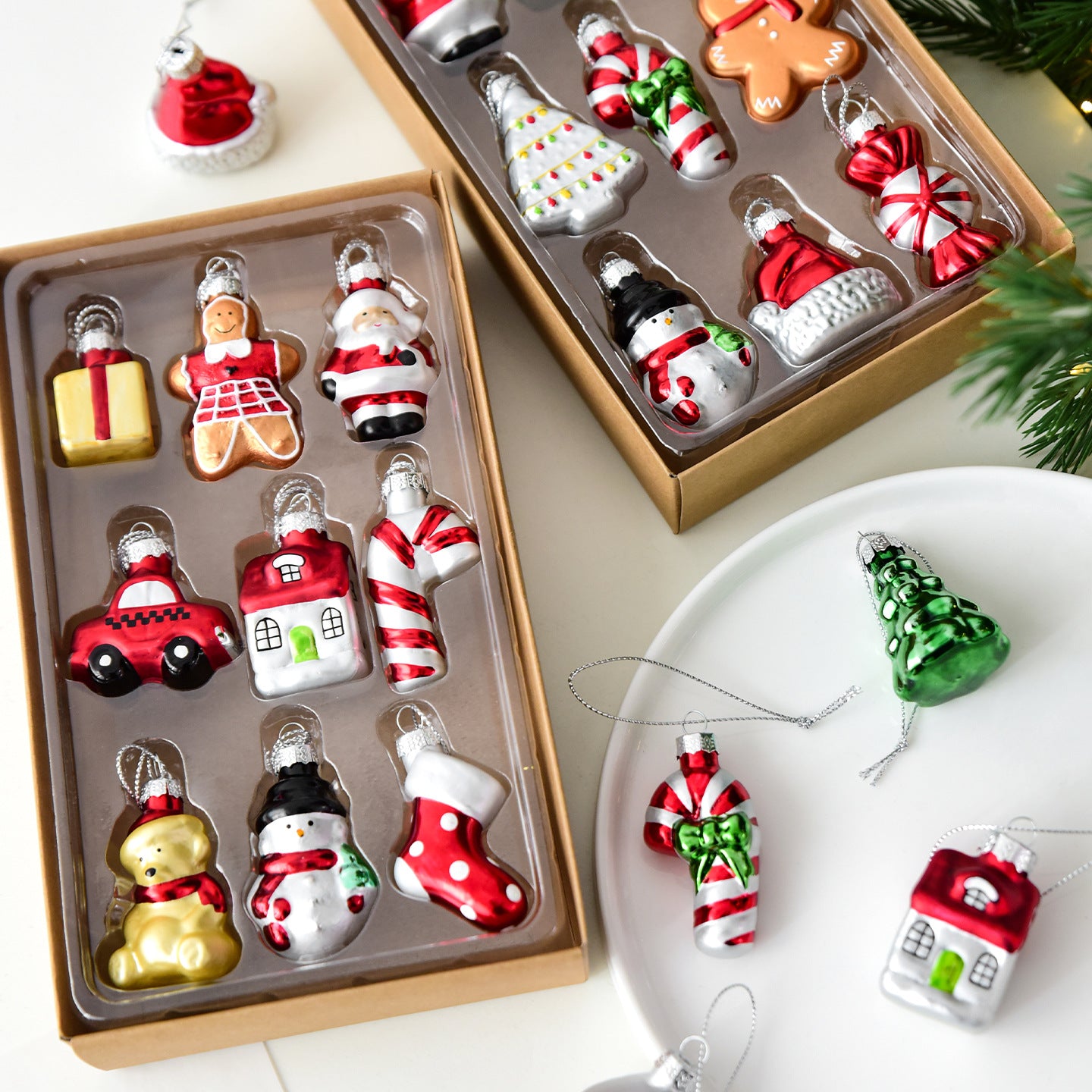 Style B Colorful Whimsical Miniature Glass Christmas Ornament Set - 9pc Retro Holiday Collection-Occasions > Christmas > Christmas Decorations-PEROZ Accessories