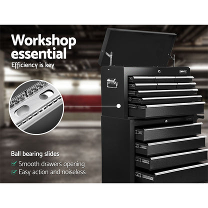 Giantz 14 Drawer Tool Box Cabinet Chest Mechanic Garage Storage Trolley Black-Tools &gt; Tools Storage &gt; Tool Cabinets-PEROZ Accessories