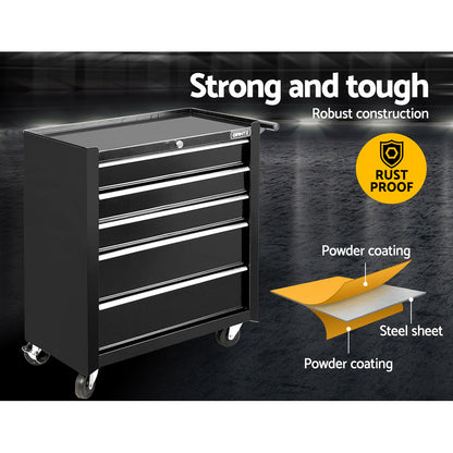 Giantz 5 Drawer Tool Box Cabinet Chest Trolley Box Garage Storage Toolbox Black-Tools &gt; Tools Storage &gt; Tool Cabinets-PEROZ Accessories