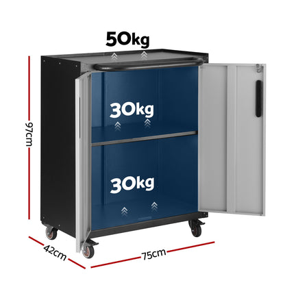 Giantz Rolling Tool Cabinet Heavy-Duty Storage Cabinet Adjustable Shelf Black and Grey