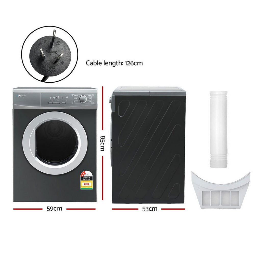 Devanti 7kg Tumble Dryer Vented 15 Auto Programs - Grey-Appliances &gt; Washers, Dryers &amp; Irons &gt; Dryers-PEROZ Accessories