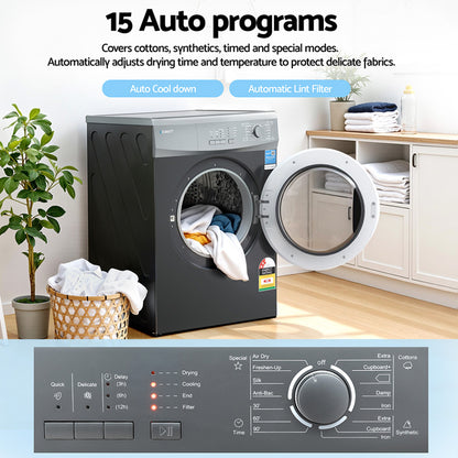 Devanti 7kg Tumble Dryer Vented 15 Auto Programs - Grey-Appliances &gt; Washers, Dryers &amp; Irons &gt; Dryers-PEROZ Accessories