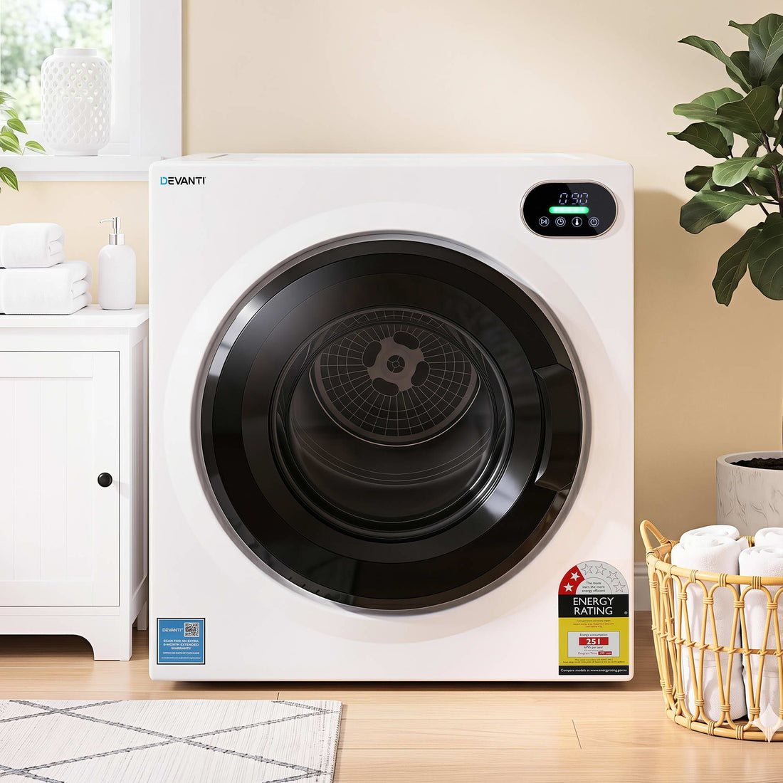 Devanti 6kg Tumble Dryer, Intelligent Touch Screen Clothes Dryer with 4 Drying Modes Stainless Steel Drum, 54x60x67.5cm-Appliances > Washers, Dryers &amp; Irons > Dryers-PEROZ Accessories