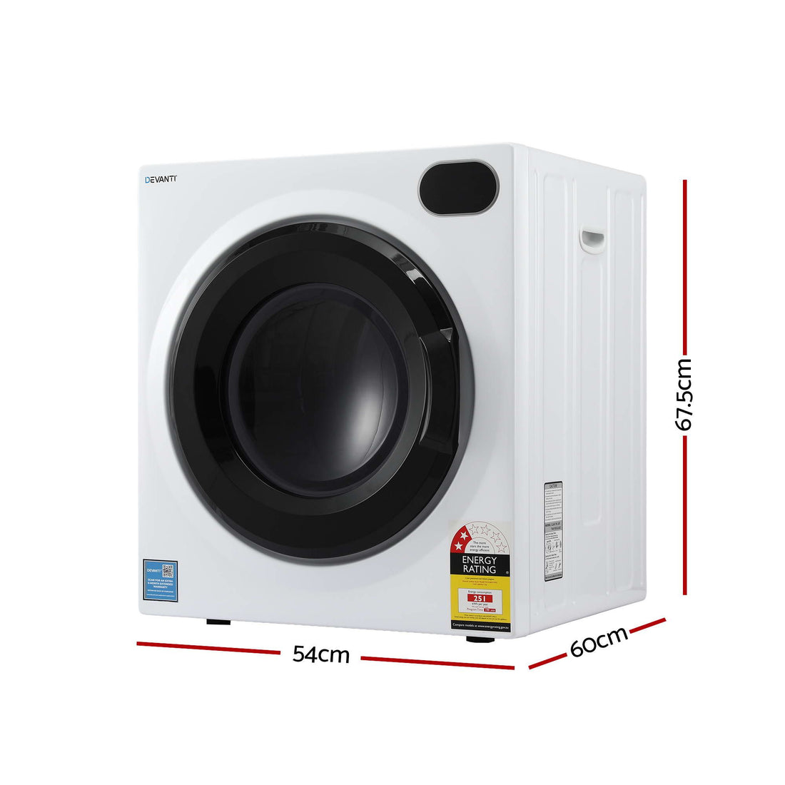 Devanti 6kg Tumble Dryer, Intelligent Touch Screen Clothes Dryer with 4 Drying Modes Stainless Steel Drum, 54x60x67.5cm-Appliances > Washers, Dryers &amp; Irons > Dryers-PEROZ Accessories