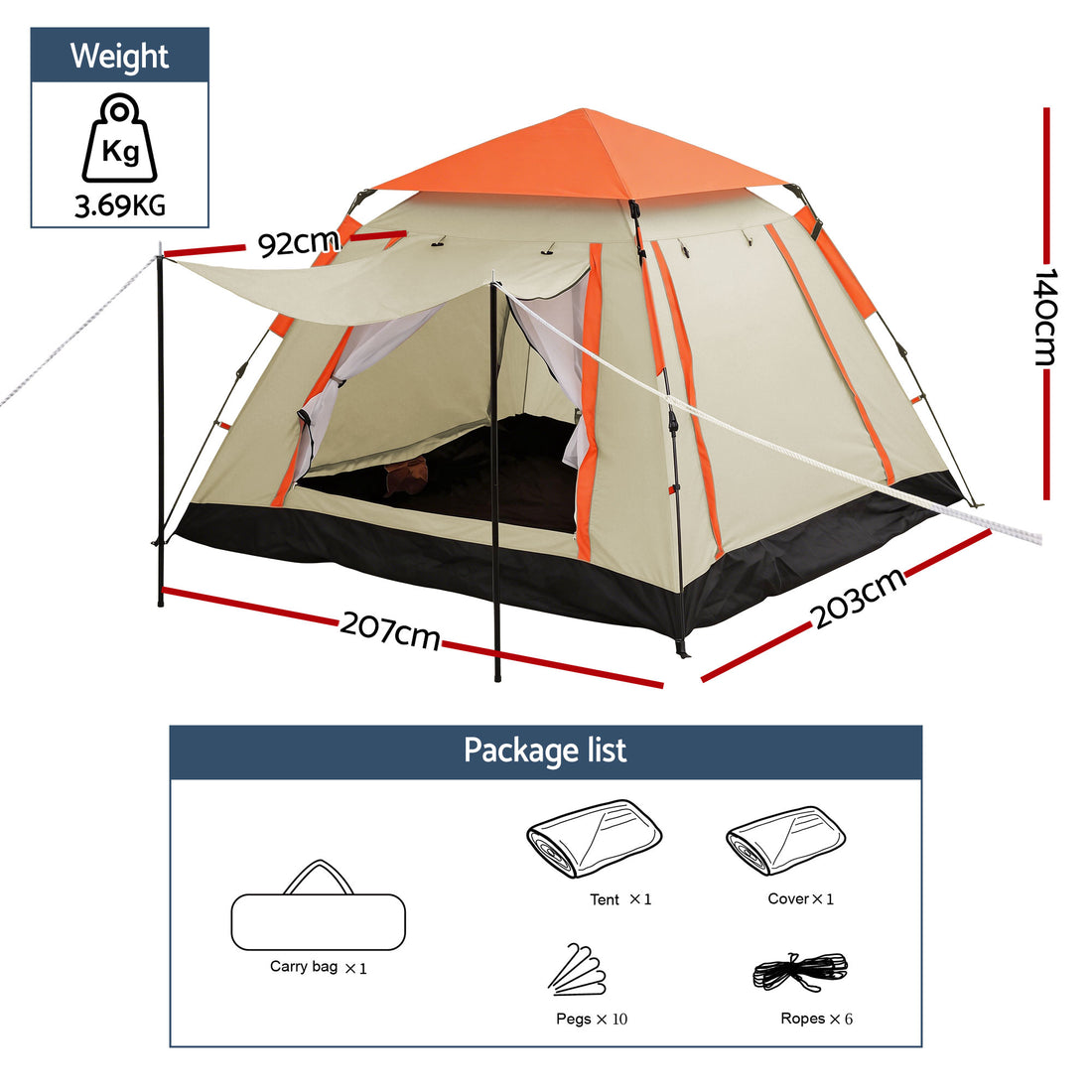 Weisshorn Pop Up Camping Tent 3-4 Person Automatic Tent Instant Setup Waterproof-Outdoor Recreation > Camping > Tents-PEROZ Accessories