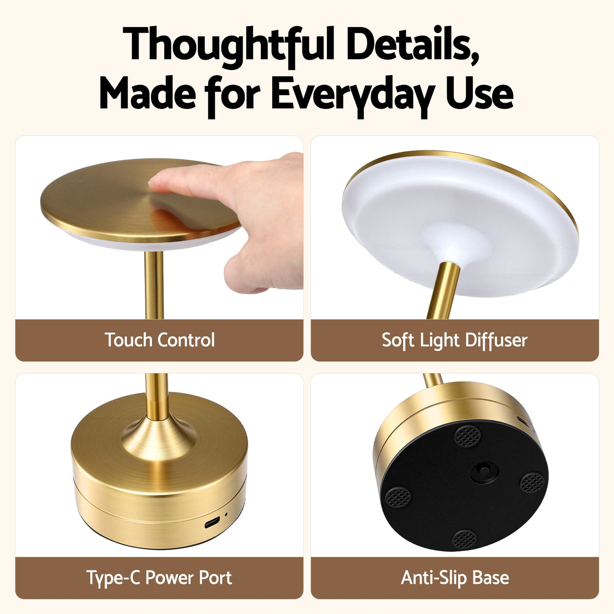 Artiss Gold Touch Table Lamp, Warm to Cool White LED, Dimmable 3000-6000K 24 LEDs, Type-C-Home &amp; Garden > Lighting > Table Lamps-PEROZ Accessories