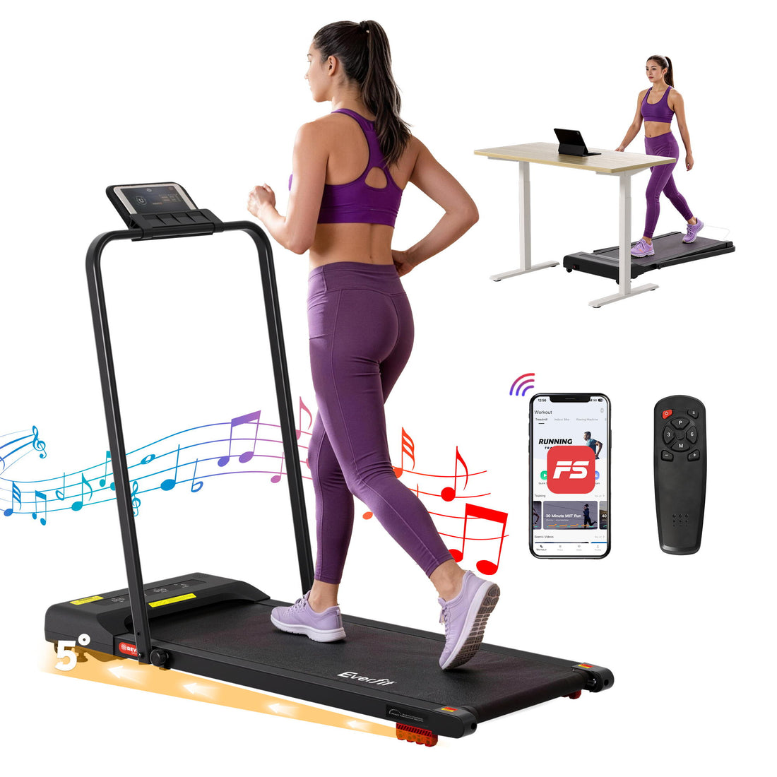 Everfit Treadmill Electric Walking Pad Incline Under Desk 380mm Black-Sports &amp; Fitness > Exercise, Gym &amp; Fitness > Treadmills-PEROZ Accessories