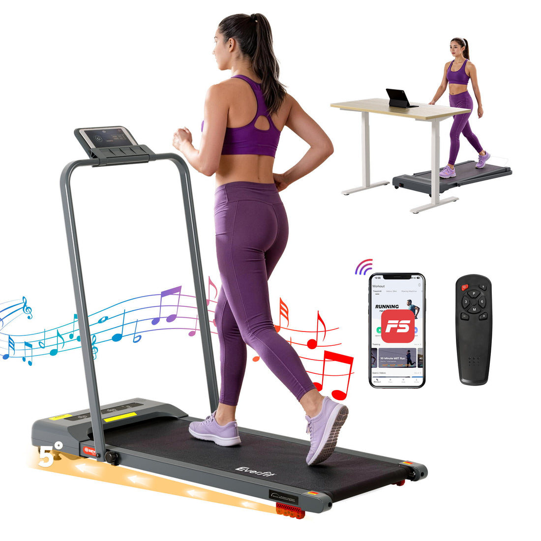 Everfit Treadmill Electric Walking Pad Incline Under Desk 380mm Grey-Sports &amp; Fitness > Exercise, Gym &amp; Fitness > Treadmills-PEROZ Accessories