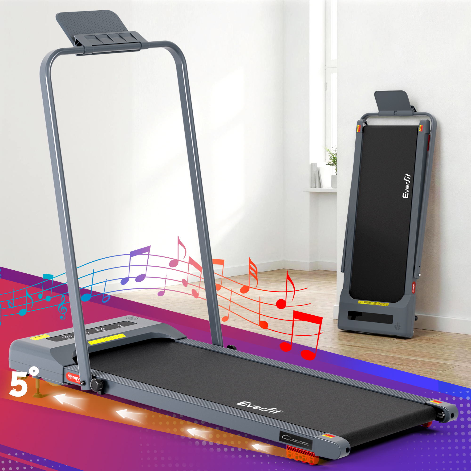 Everfit Treadmill Electric Walking Pad Incline Under Desk 380mm Grey-Sports &amp; Fitness > Exercise, Gym &amp; Fitness > Treadmills-PEROZ Accessories