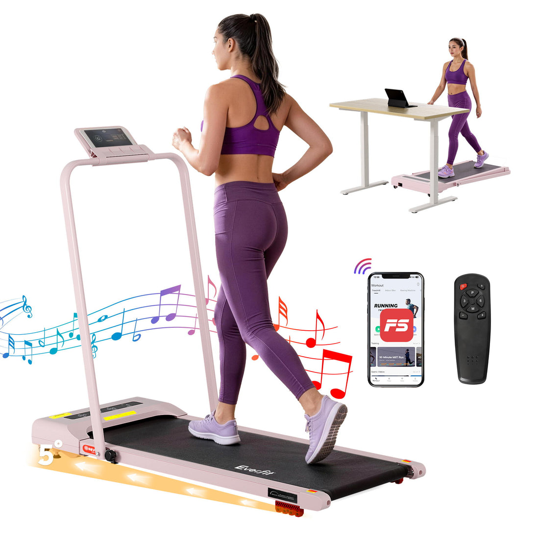 Everfit Treadmill Electric Walking Pad Incline Under Desk 380mm Pink-Sports &amp; Fitness > Exercise, Gym &amp; Fitness > Treadmills-PEROZ Accessories