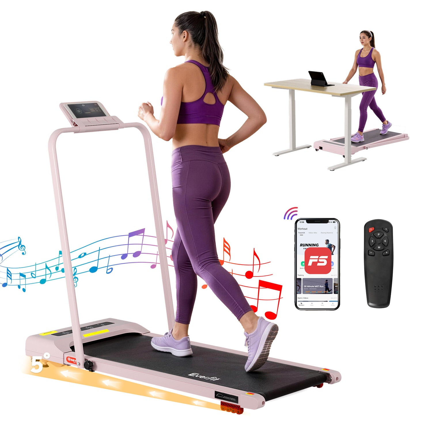 Everfit Treadmill Electric Walking Pad Incline Under Desk 380mm Pink-Sports &amp; Fitness > Exercise, Gym &amp; Fitness > Treadmills-PEROZ Accessories