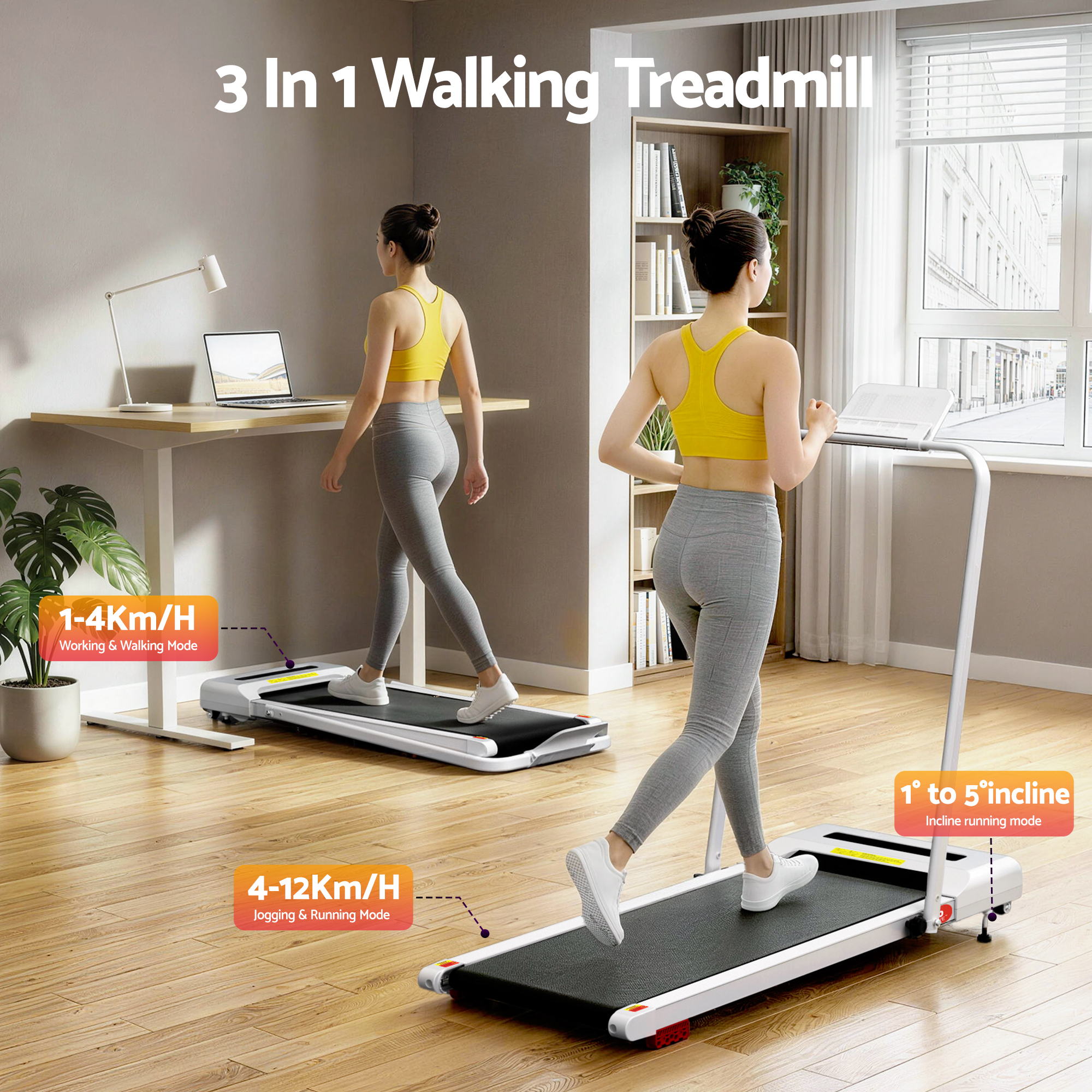 Everfit Treadmill Electric Walking Pad Incline Under Desk 380mm White-Sports &amp; Fitness > Exercise, Gym &amp; Fitness > Treadmills-PEROZ Accessories