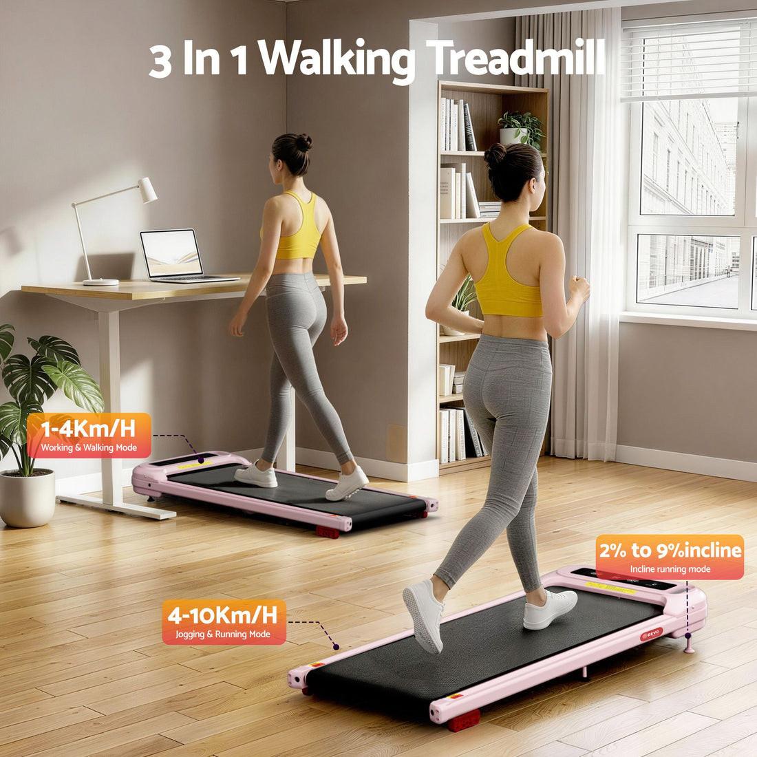 Everfit 3 in 1 Treadmill Electric Walking Pad with Incline Under Desk Home Gym Pink-Sports &amp; Fitness > Exercise, Gym &amp; Fitness > Treadmills-PEROZ Accessories