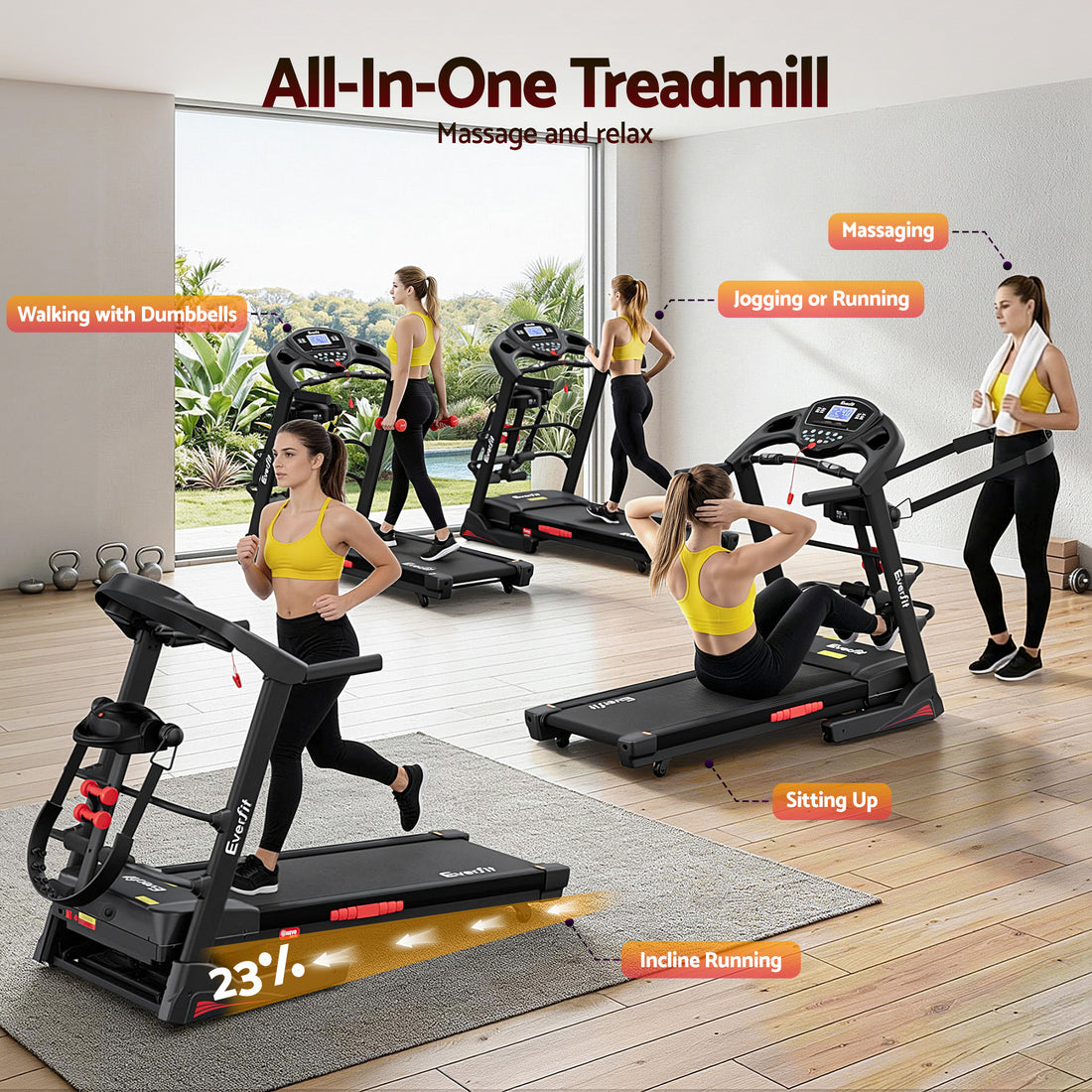 Everfit Treadmill Electric Home Gym Fitness Exercise Machine w/ Massager 480mm-Sports &amp; Fitness > Exercise, Gym &amp; Fitness > Treadmills-PEROZ Accessories