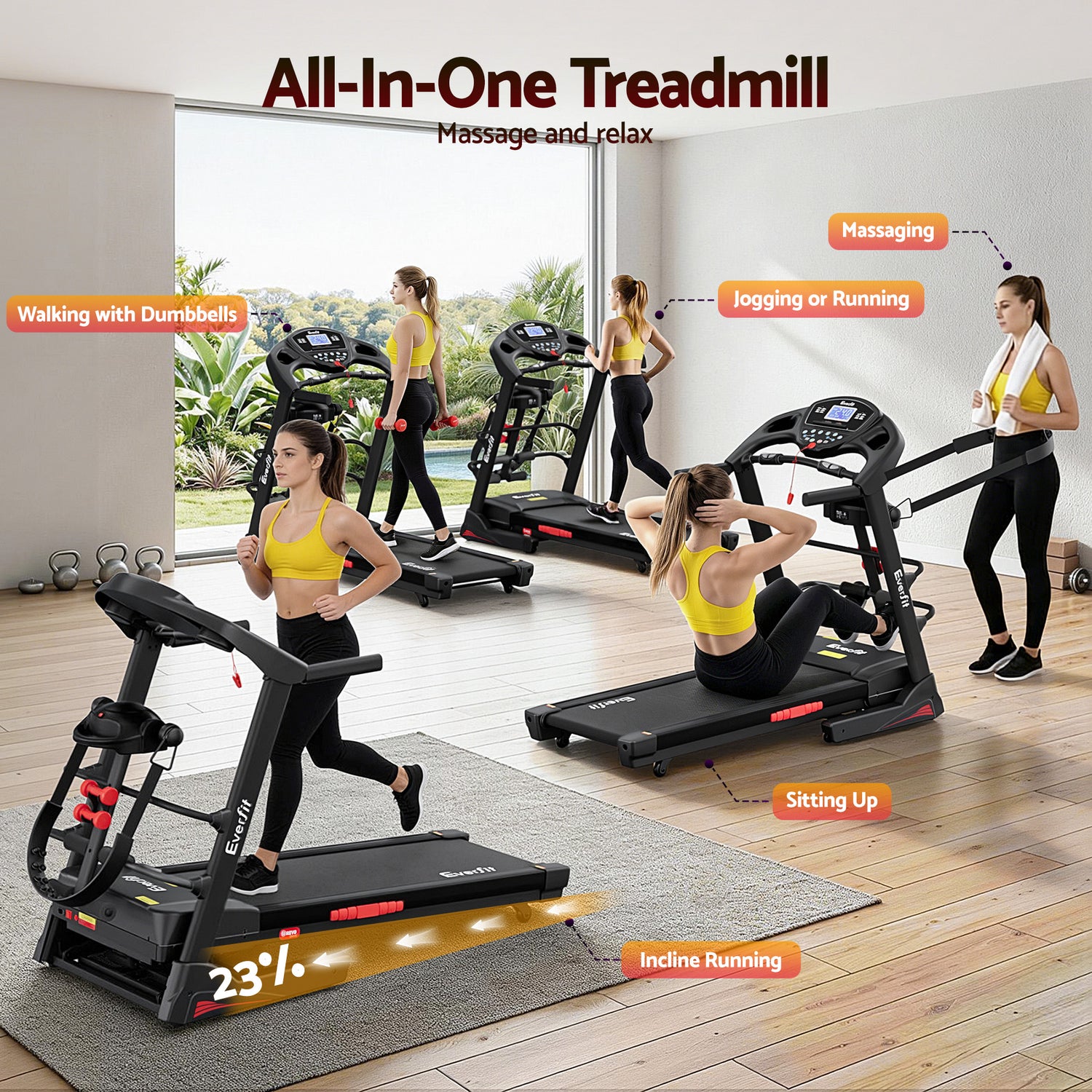 Everfit Treadmill Electric Home Gym Fitness Exercise Machine w/ Massager 480mm-Sports &amp; Fitness > Exercise, Gym &amp; Fitness > Treadmills-PEROZ Accessories