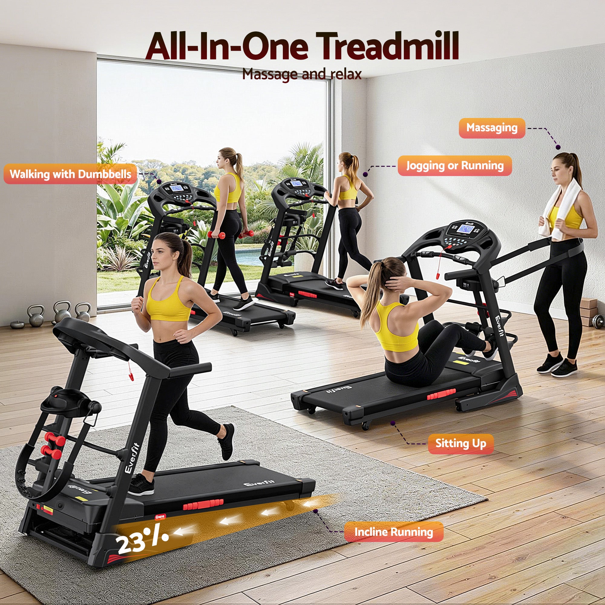 Everfit Treadmill Electric Home Gym Fitness Exercise Machine w/ Massager 480mm-Sports &amp; Fitness > Exercise, Gym &amp; Fitness > Treadmills-PEROZ Accessories