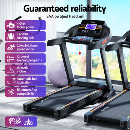 Everfit Treadmill Electric Auto Incline Home Gym Fitness Exercise Machine 490mm-Sports &amp; Fitness &gt; Exercise, Gym &amp; Fitness &gt; Treadmills-PEROZ Accessories