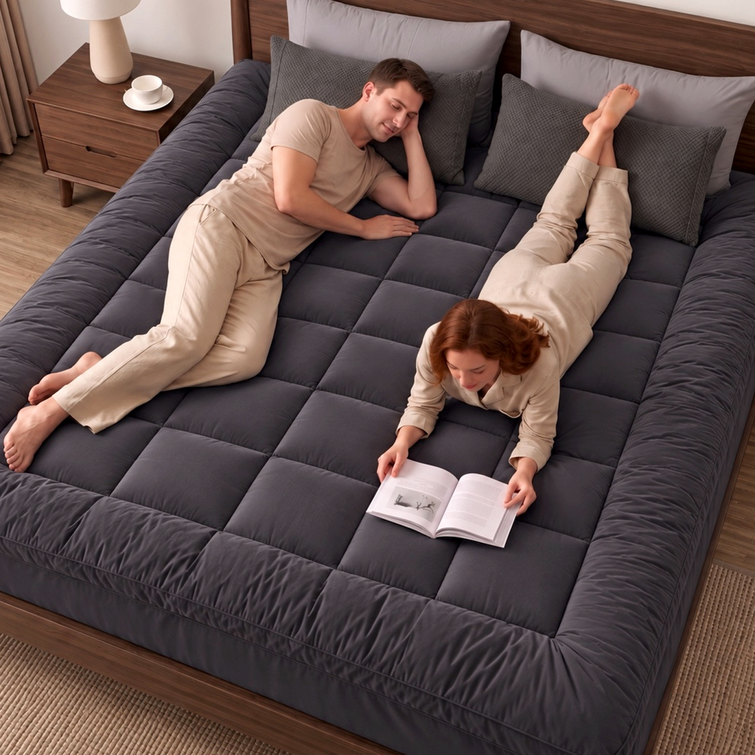 Giselle Bedding Bamboo Charcoal Filling Pillowtop Topper 1000GSM 5cm Thick Pillowtop Pad for Back Pain Relief Washable with 45cm Deep Pocket Double-Mattress Toppers-PEROZ Accessories