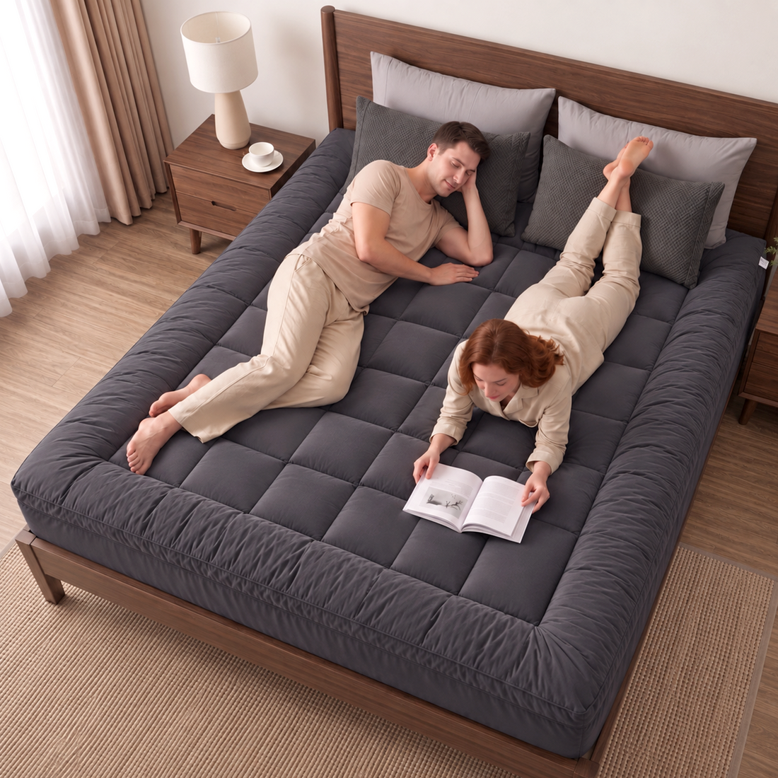 Giselle Bedding Bamboo Charcoal Filling Pillowtop Topper 1000GSM 5cm Thick Pillowtop Pad for Back Pain Relief Washable with 45cm Deep Pocket King-Mattress Toppers-PEROZ Accessories
