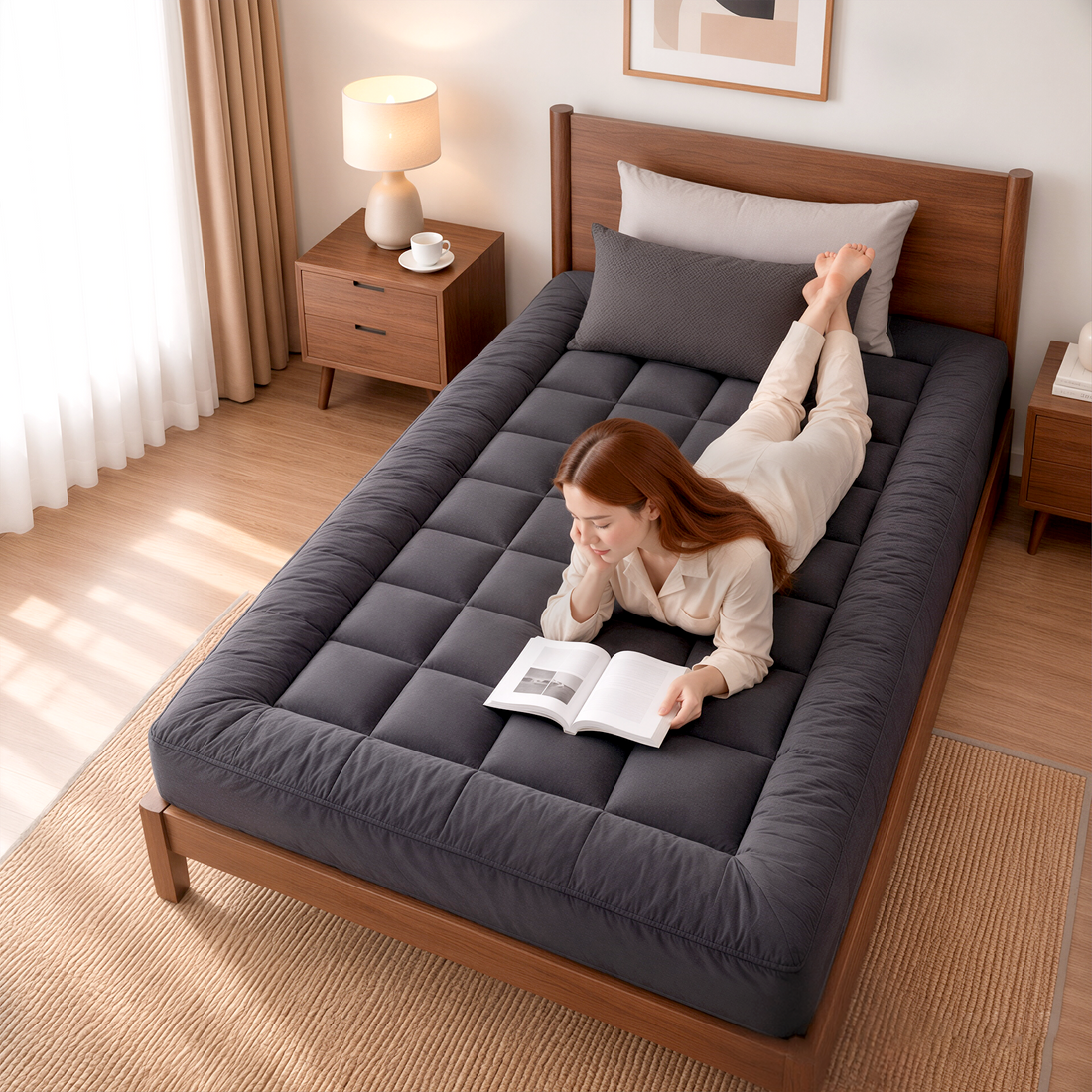 Giselle Bedding Bamboo Charcoal Filling Pillowtop Topper 1000GSM 5cm Thick Pillowtop Pad for Back Pain Relief Washable with 45cm Deep Pocket King Single-Mattress Toppers-PEROZ Accessories