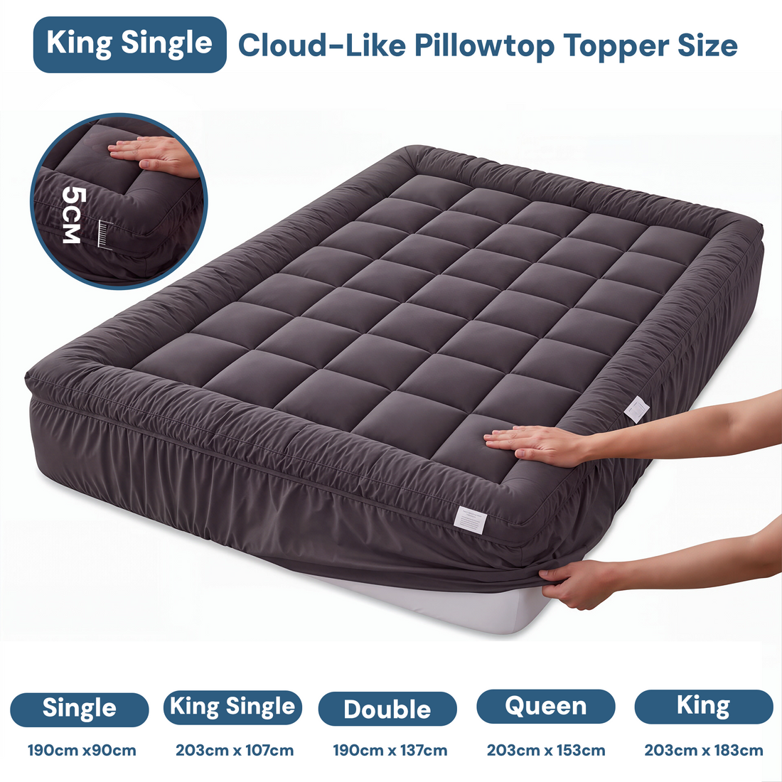 Giselle Bedding Bamboo Charcoal Filling Pillowtop Topper 1000GSM 5cm Thick Pillowtop Pad for Back Pain Relief Washable with 45cm Deep Pocket King Single-Mattress Toppers-PEROZ Accessories