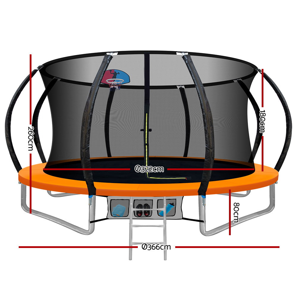 Everfit 12FT Trampoline for Kids w/ Ladder Trampoline Enclosure Safety Net Rebounder Orange-Sports &amp; Fitness > Trampolines-PEROZ Accessories