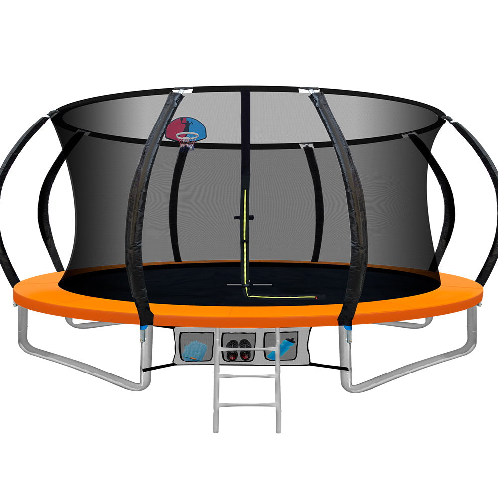 14ft Trampoline Everfit Kids Trampoline Rebounder w/ Ladder Basketball Hoop Orange-Sports &amp; Fitness > Trampolines > Trampolines &amp; Accessories-PEROZ Accessories